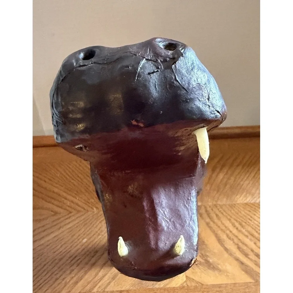 Vintage Leather Wrapped Hippo Hippopotamus Figure Red Eye 12x10x4 Decor